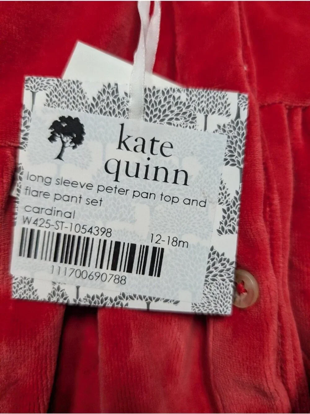 Kate Quinn Organic Cotton Velour Cardinal Red Peter Pan Top Flare Pant Set 12-18